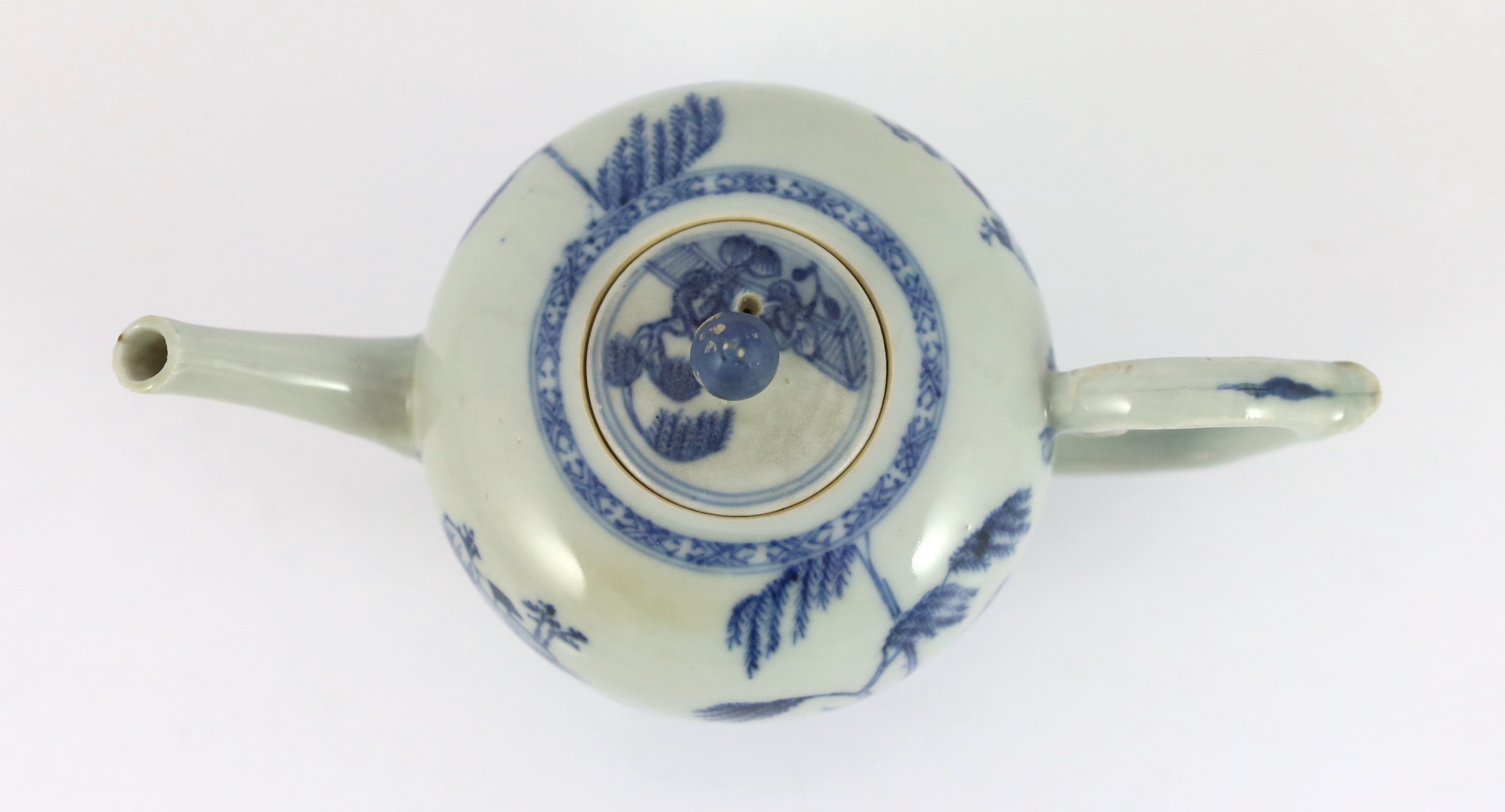 A Chinese blue and white bullet-shaped teapot and cover, Nanking Cargo, c.1750